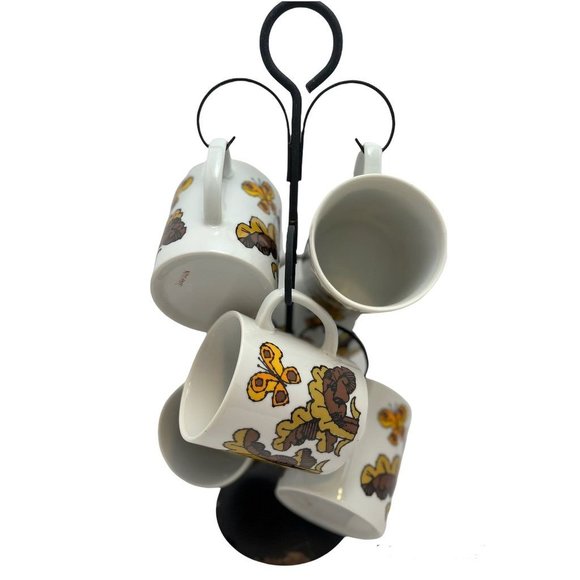 70's Retro Vintage Boho Groovy Butterfly Coffee Mug Set of 6 with Hanger - Picture 2 of 5